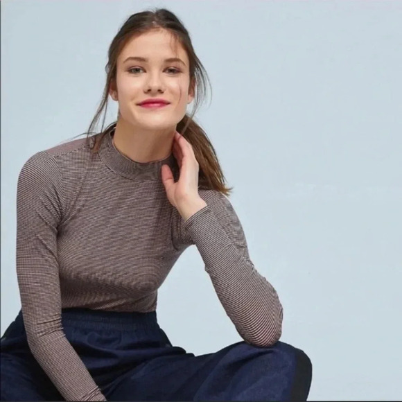 NWT new Anthropologie pink black everyday mock neck top postmark stripe medium - Picture 4 of 14